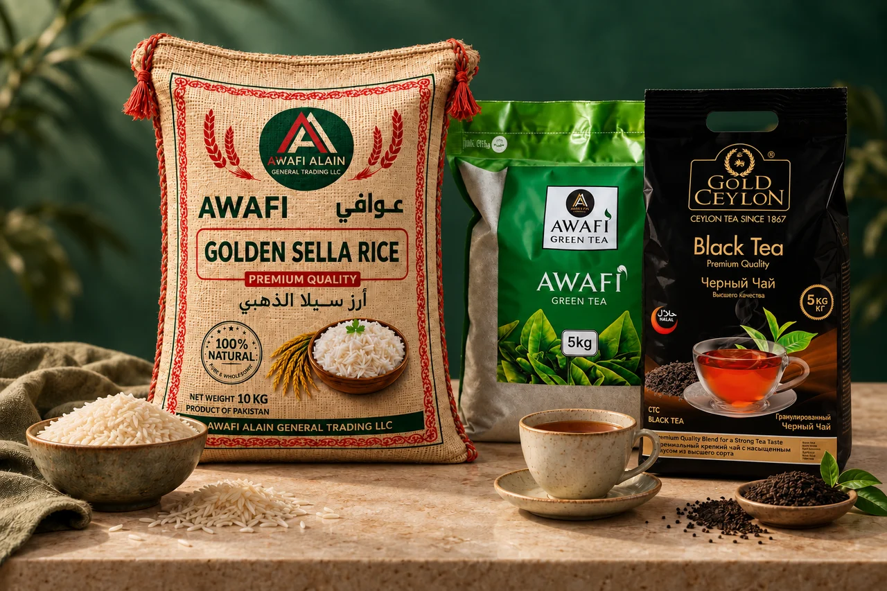 Awafi Golden Sella Rice and Green Tea with Gold Ceylon Black Tea, styled with rice and tea